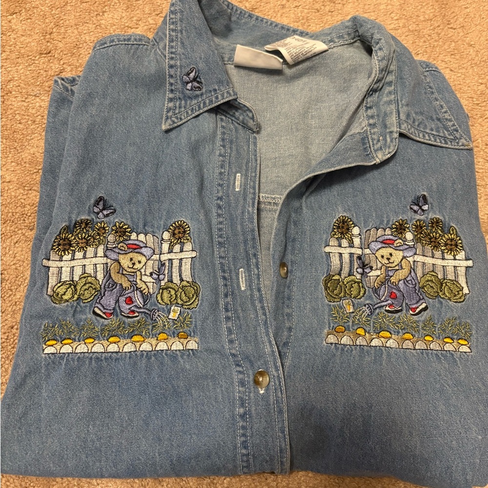 Cottagecore Bobbie Brooks Embroidered Bear Denim Shirt